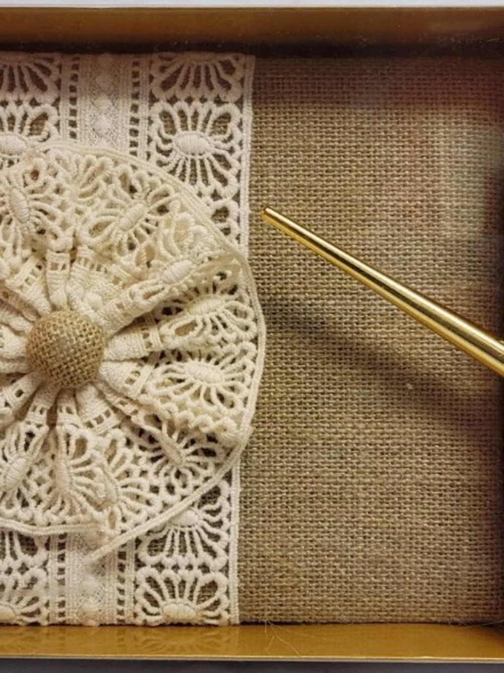 Wedding Guest Book & Pen Set - Rustic Country Burlap & Crocheted Lace Book NEW